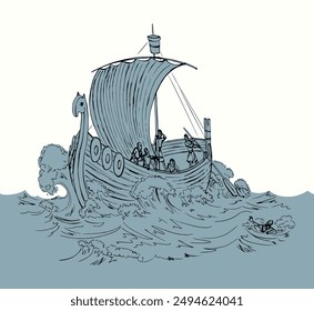 Vector drawing. Sailors on a ship in a storm