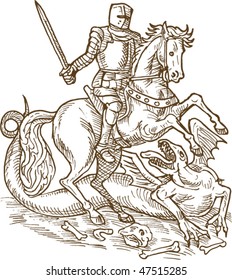 Vector Drawing Of Saint George Knight And The Dragon Done In Black And White