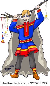 vector drawing of a Sami boy in a national costume with a deer skin and horns in his hands