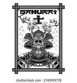 Vector drawing of a samurai in a horned helmet and a battle mask. Sakura branch. Japanese hieroglyph - samurai. Eastern fantasy warrior in armor. Illustrations for t shirt print. Black tattoo. 