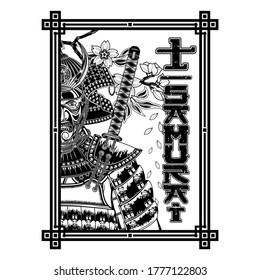 Vector drawing of a samurai in a horned helmet and a battle mask. Sakura branch. Japanese hieroglyph - samurai. Eastern fantasy warrior in armor. Illustrations for t shirt print. Black tattoo.