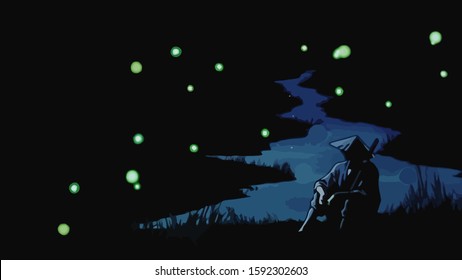 vector drawing of a samurai on a black background