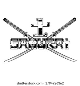 Vector drawing of samurai swords. Hieroglyphs - Samurai. Illustrations for t shirt print. Japanese culture. Grunge style. Oriental tattoo.
