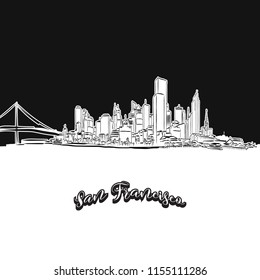 Vector drawing of San Francisco skyline, outline. USA travel landmark. Black and white cover and background concept.