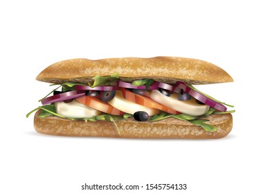 Vector drawing of sandwich with cheese, tomatoes, chop, lettuce, onion, cucumber Illustration for design fast food menu