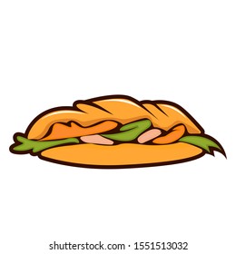 Vector drawing of sandwich with cheese, tomatoes, chop, lettuce Illustration for design fast food menu