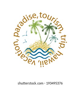 Vector drawing of sandy shore, palms, sea waves, birds and text in circle.