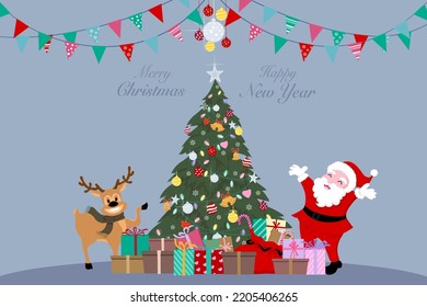 Vector drawing Santa Claus   reindeer decorated green pine tree for celebrate Merry Christmas   happy new year  gift boxes  lighting star  colorful ball   flag blue background