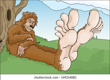 Vector drawing of a Sasquatch or bigfoot sleeping by a tree/Big Foot/easy to edit layers and groups, easy to remove big foot. Easy to isolate objects and content, no meshes, gradients or blends used. 