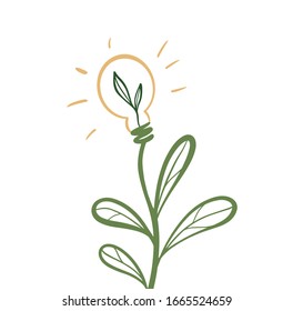 
Vector drawing Save the planet, sprout greenery with leaves with a light bulb. Use for poster on environmental theme, ecology, poster, postcard, design, social media.