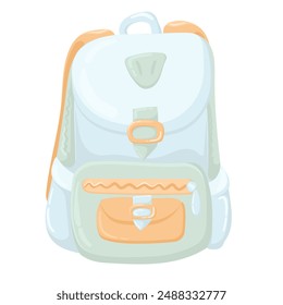 Vector drawing of a school backpack in flat style. Back to school, collecting children's bags. Hand drawn vector illustration isolated on white background. Modern flat cartoon style