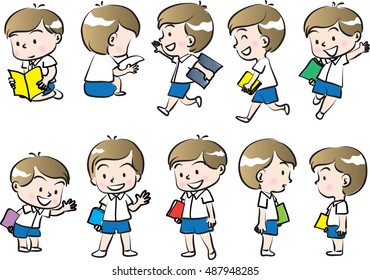 vector drawing school boy holding book