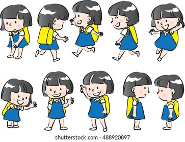 vector drawing school girl set