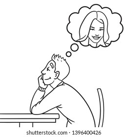 Vector drawing of a schoolboy sitting at a table thinking in love with a girl. bubble, love, school, pupate, isolated, black white, comic.