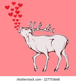Vector drawing. Screaming of hearts standing in profile deer isolated on a red background