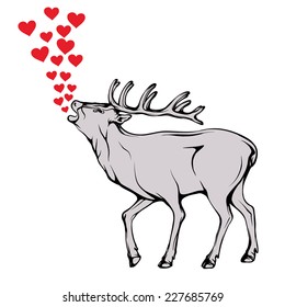 Vector drawing. Screaming of red hearts standing in profile deer. Isolated on white background