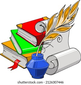 vector drawing of a scroll of paper, a stack of books with a pen and an inkwell
