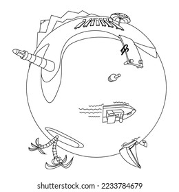 Vector drawing of the sea and beach covering a sphere, world or globe. The projection houses boats, a beach and deck chairs. As well as the lighthouse, the mountains and the coastline. Coloring book