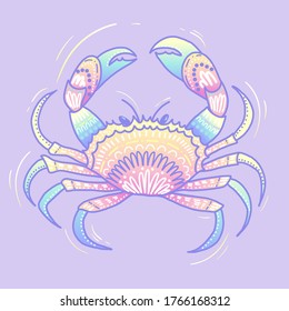 
Vector drawing of a sea crab in pearl color. Against the background of a gentle gradient, ornaments are applied by hand.