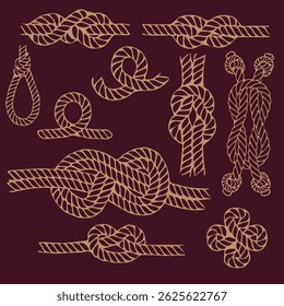Vector drawing of sea knots. Rope climbing knot options. Bright background. Beige rope.