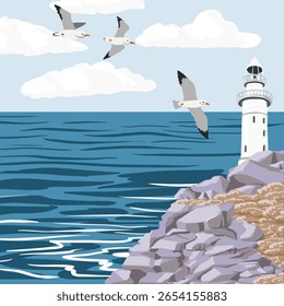 vetor desenho paisagem do mar com farol, ondas, rochas e gaivotas, desenho à mão ilustração