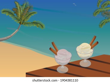 Vektorgrafik des Meeres, Palmen und Eis.