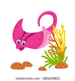 Vector drawing of sea pink stingray a on white isolated background, flat design. Cartoon, children's, marine for decoration, decoration, invitations, printing on fabric