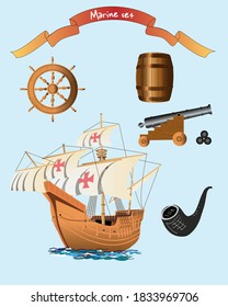 Vector drawing of sea set. Sailing ship, barrel, cannon, steering wheel and pipe