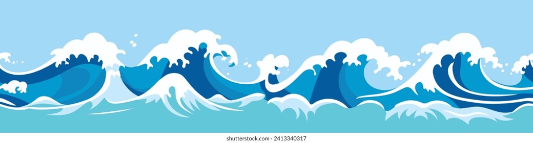 Vector drawing of sea waves, cartoon illustration, seamless border, natural background