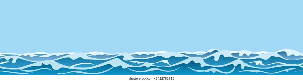 Vector drawing of sea waves, natural background, seamless border