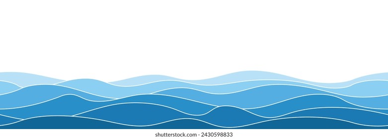 Vector drawing of sea waves, natural background, seamless border