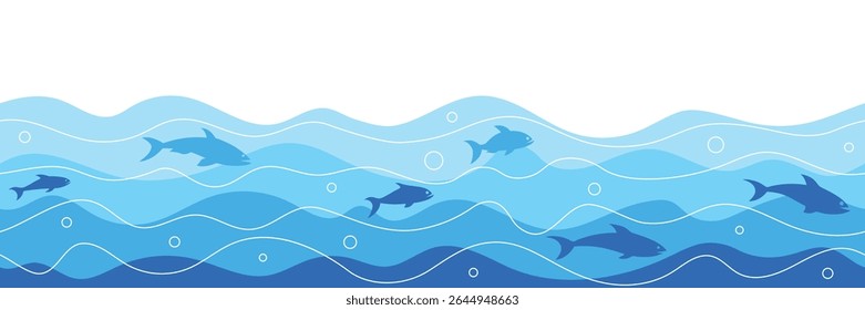 Vector drawing sea waves, shoal of fish, seamless border, isolated on white background