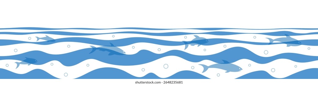 Vector drawing sea waves, shoal of fish, seamless border, isolated on white background