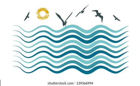 Vector drawing of a sea waves, sun and gulls.