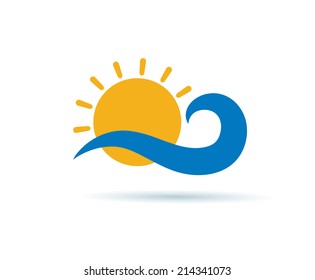 Vector drawing of sea waves and sun. Sunset. Waves and sun symbols. 