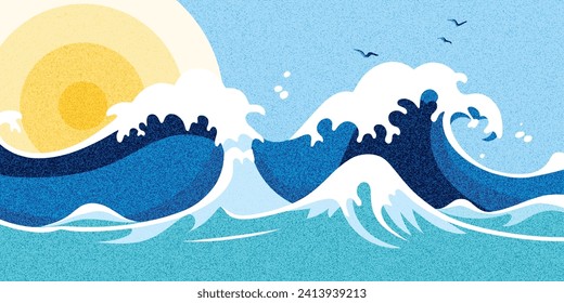 Vector drawing of sea waves and the sun, noise pattern, pointillism, cartoon illustration