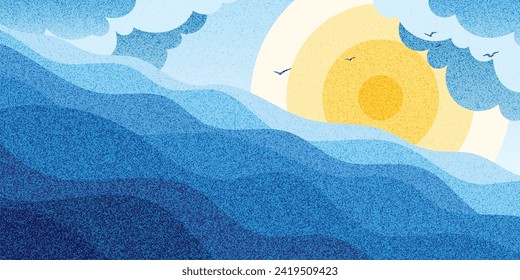 Dibujo vectorial de las olas del mar y el sol, patrón de ruido, puntillismo, ilustración de dibujos animados