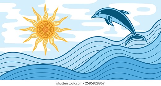 Vector drawing of sea waves and the sun, stylized seascape, dolphin, cartoon illustration