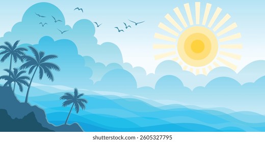 Vector drawing of sea waves and the sun, palm island, cartoon illustration
