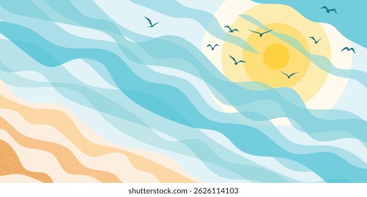 Vector drawing of sea waves and the sun, sandy shore, cartoon illustration