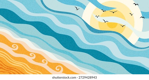 Vector drawing of sea waves and the sun, sandy shore, cartoon illustration