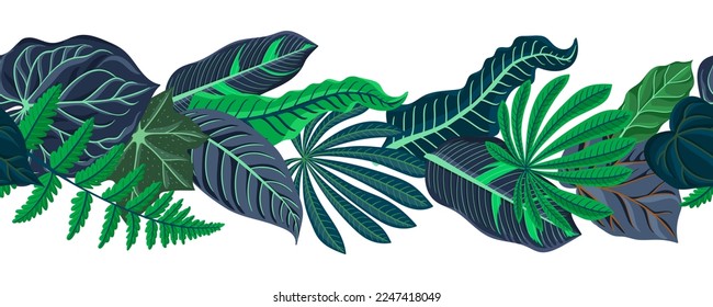 vector drawing seamless border with green tropical leaves at white background , hand drawn illustration