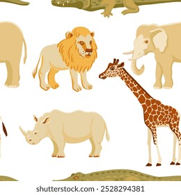 vector drawing seamless pattern with African animals, lion, giraffe and rhinoceros, elephant and crocodile at white background, hand drawn illustration