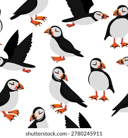 Vector drawing seamless pattern with Atlantic puffin, animals at white background, hand drawn illustration