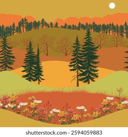 vector drawing seamless pattern with autumn landscape with flowers, hills and fir trees, hand drawn illustration