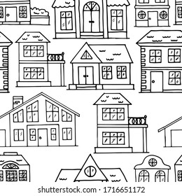 Vector drawing. Seamless pattern. Background image. Cottages, architecture, houses. Sketch illustration