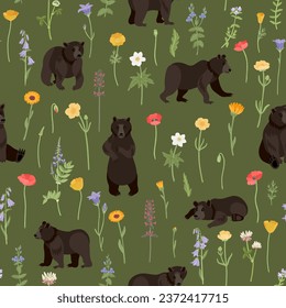 vector drawing seamless pattern with bears and flowers, hand drawn animals and forest plants , cartoon style background for children textile or wallpaper