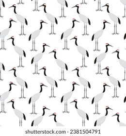 vector drawing seamless pattern with bird, hand drawn red-crowned crane, hand drawn natural background