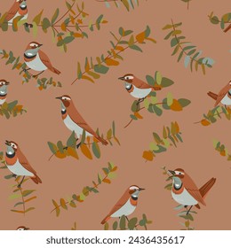 vector drawing seamless pattern with birds and tree branches with leaves, hand drawn bluethroats, nature cover design