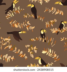 vector drawing seamless pattern with birds, hand drawn toucans at tree branches , natural cover design